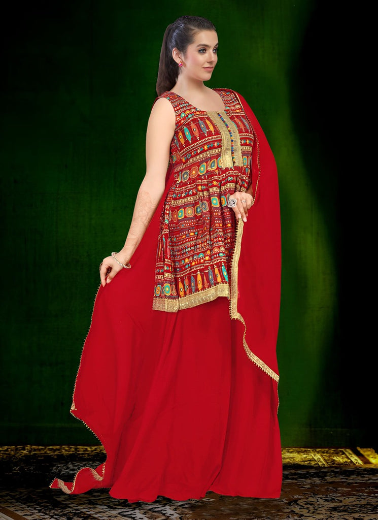 Women's Red Georgette Embroidery Thread With Zari Work Readymade Lehenga Choli Set  (stitched 40 size, Alt 38 to 44 size)