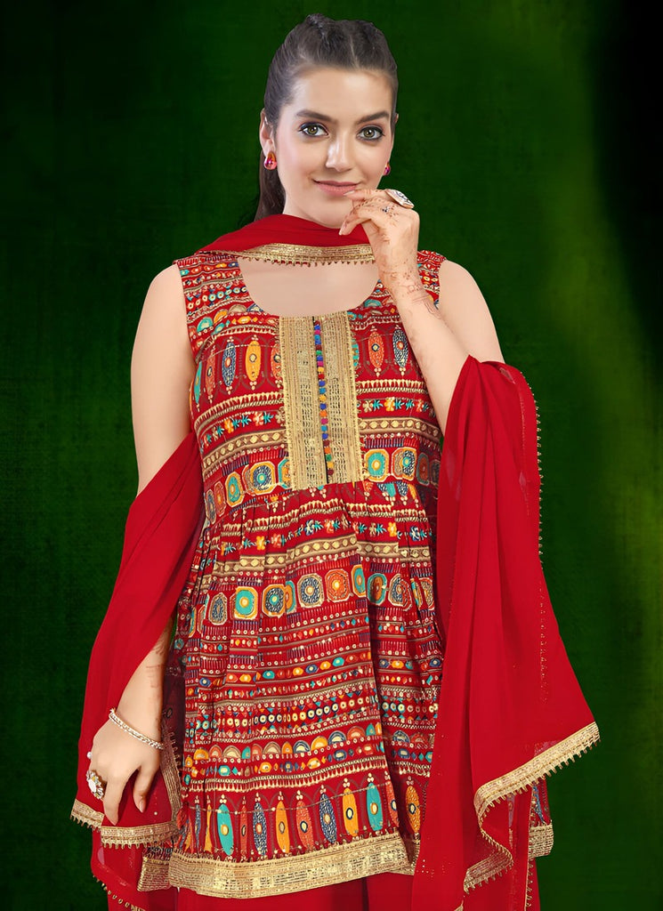 Women's Red Georgette Embroidery Thread With Zari Work Readymade Lehenga Choli Set  (stitched 40 size, Alt 38 to 44 size)