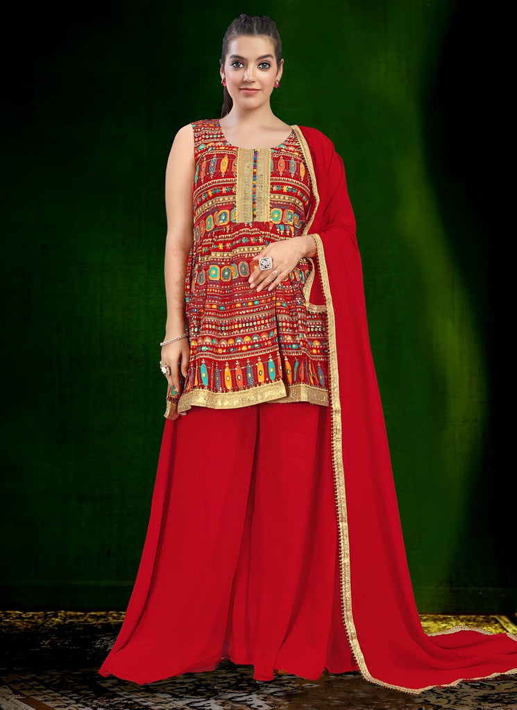 Women's Red Georgette Embroidery Thread With Zari Work Readymade Lehenga Choli Set  (stitched 40 size, Alt 38 to 44 size)