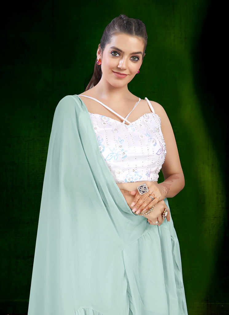 Women's Blue Georgette Embroidery Thread With Zari Work Readymade Lehenga Choli Set  (stitched 40 size, Alt 38 to 44 size)