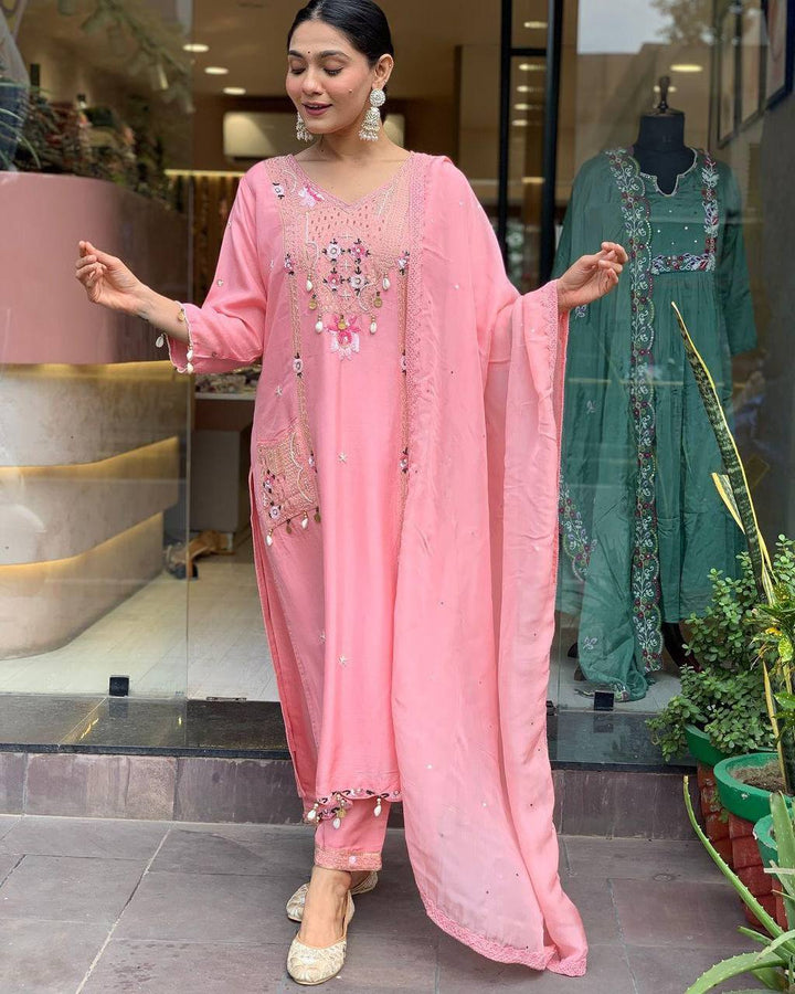 Women's Pink Roman Silk Sequence Straight Kurta Pant With Dupatta