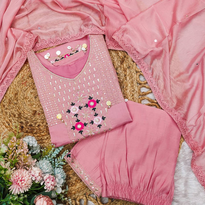 Women's Pink Roman Silk Sequence Straight Kurta Pant With Dupatta