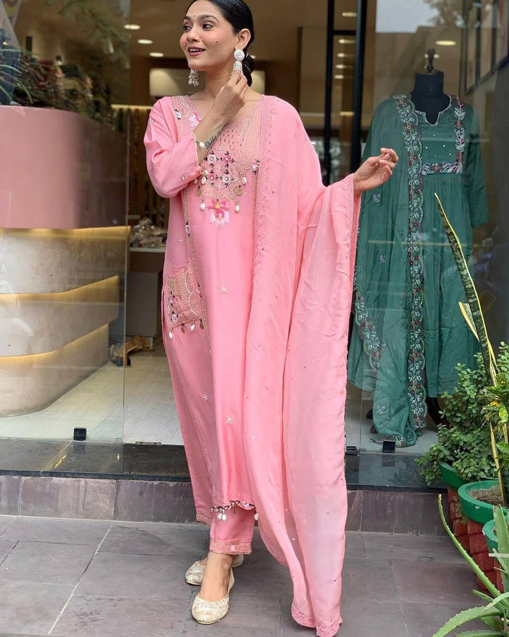 Women's Pink Roman Silk Sequence Straight Kurta Pant With Dupatta