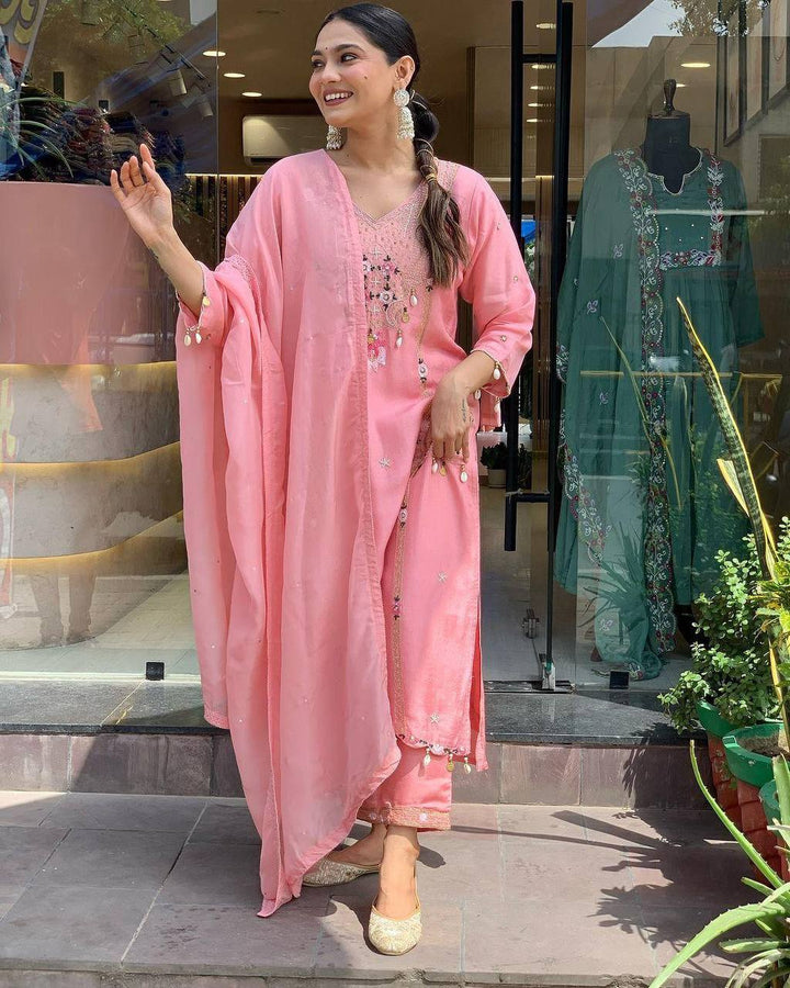 Women's Pink Roman Silk Sequence Straight Kurta Pant With Dupatta