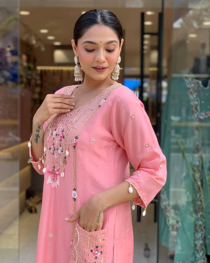 Women's Pink Roman Silk Sequence Straight Kurta Pant With Dupatta