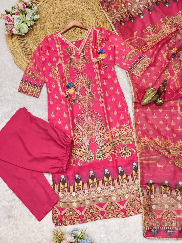 Women's Pink Satin Printed Straight Kurta Pant With Dupatta
