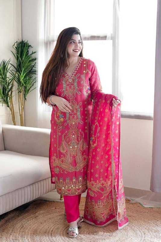 Women's Pink Satin Printed Straight Kurta Pant With Dupatta