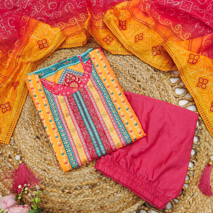 Women's Pink Satin Printed Straight Kurta Pant With Dupatta