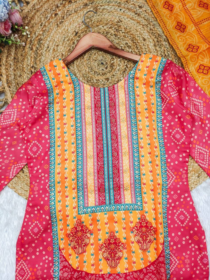 Women's Pink Satin Printed Straight Kurta Pant With Dupatta