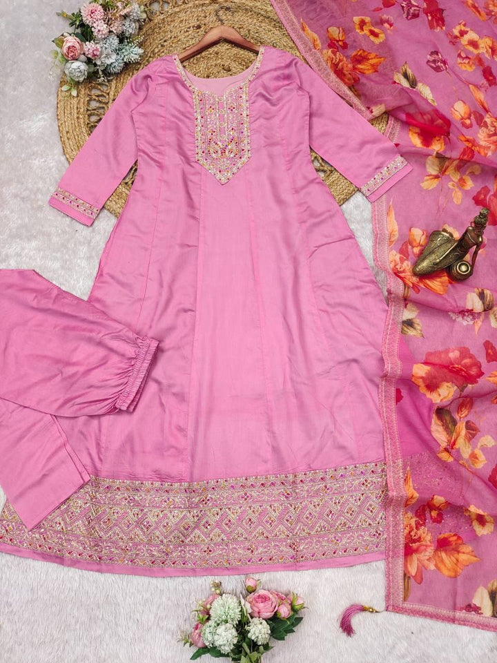 Women's Pink Roman Silk Embroidered Anarkali Kurta Pant With Dupatta