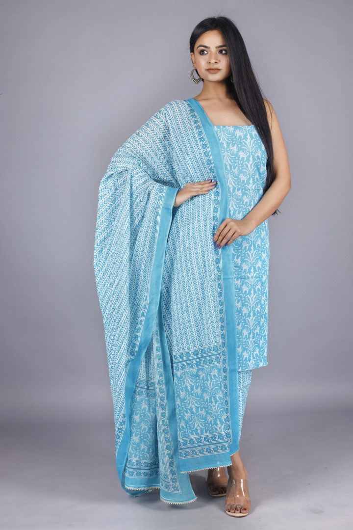 Woman's Sky Blue  Cotton Kurta Set - Kwatchi