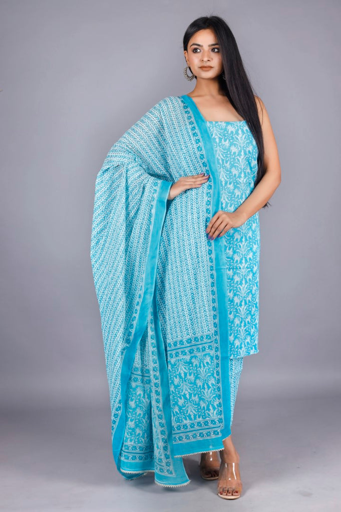 Woman's Sky Blue  Cotton Kurta Set