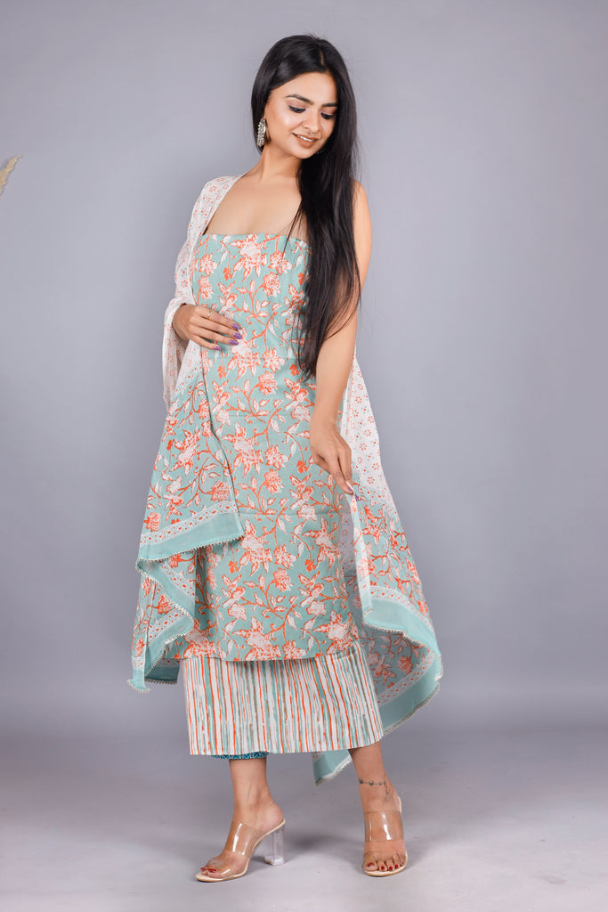 Woman's Sea Green  Cotton Kurta Set