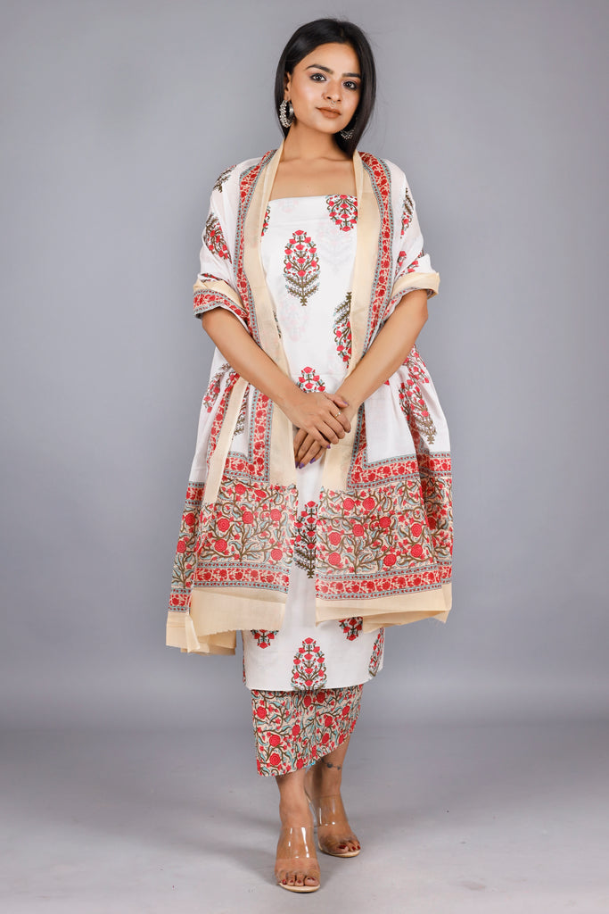 Woman's White  Cotton Kurta Set