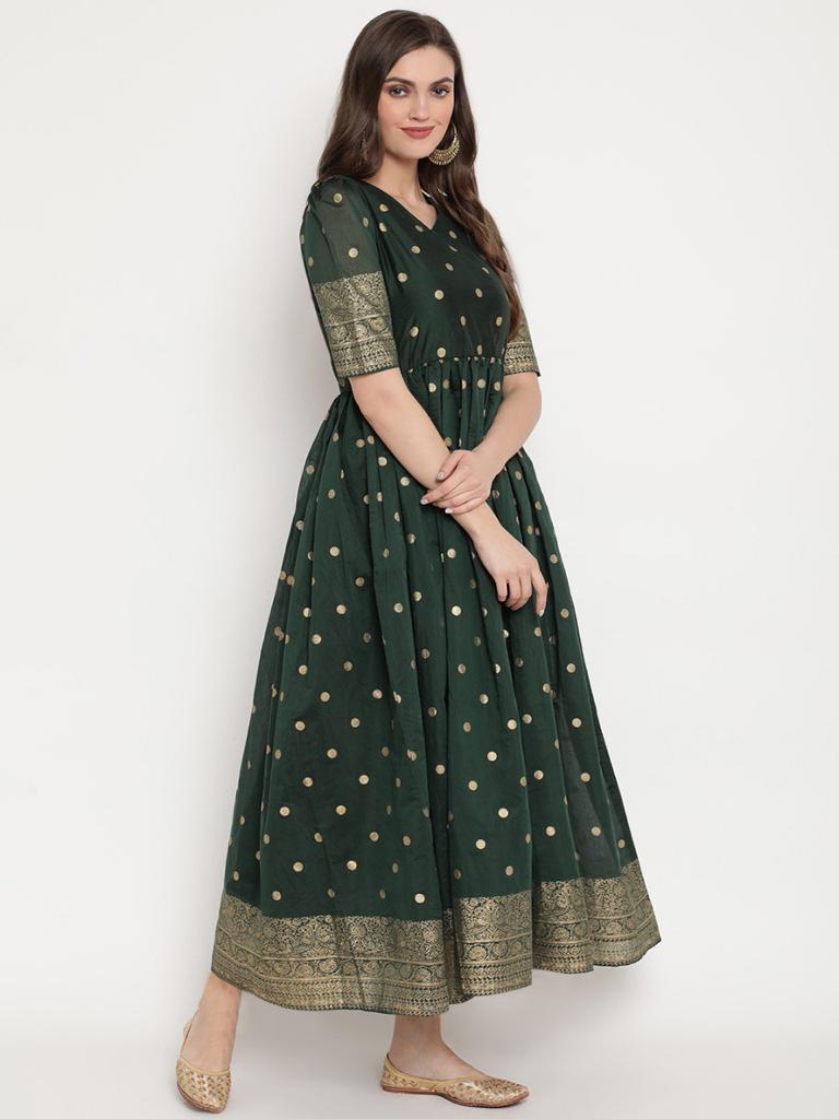 Women's Dark Green Chanderi Polka Dot Printed Kurt