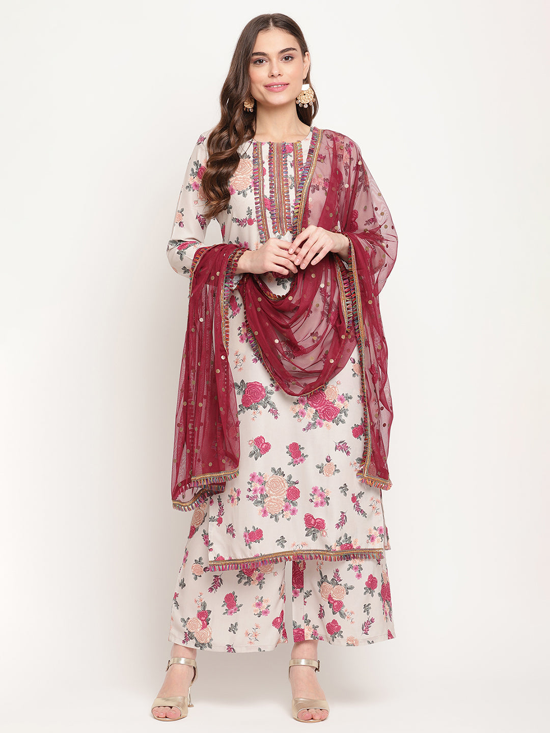 Women's Beige Floral Printed Regular Gotta Patti Kurta With Palazzos & With Dupatt