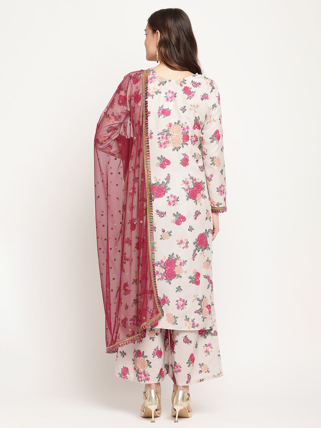 Women's Beige Floral Printed Regular Gotta Patti Kurta With Palazzos & With Dupatt