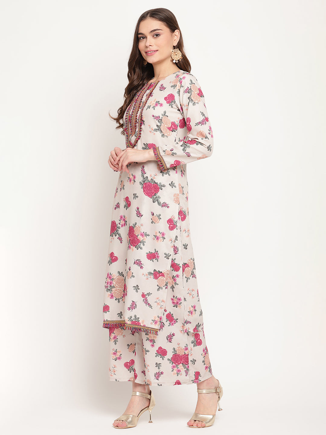 Women's Beige Floral Printed Regular Gotta Patti Kurta With Palazzos & With Dupatt