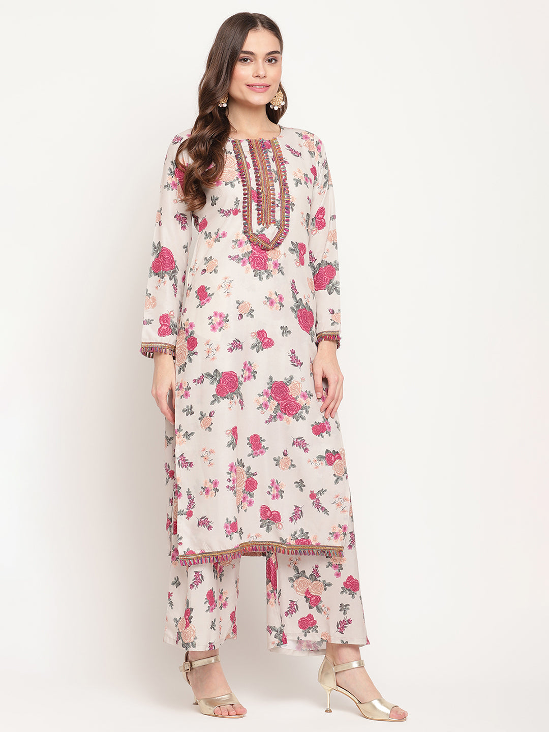 Women's Beige Floral Printed Regular Gotta Patti Kurta With Palazzos & With Dupatt