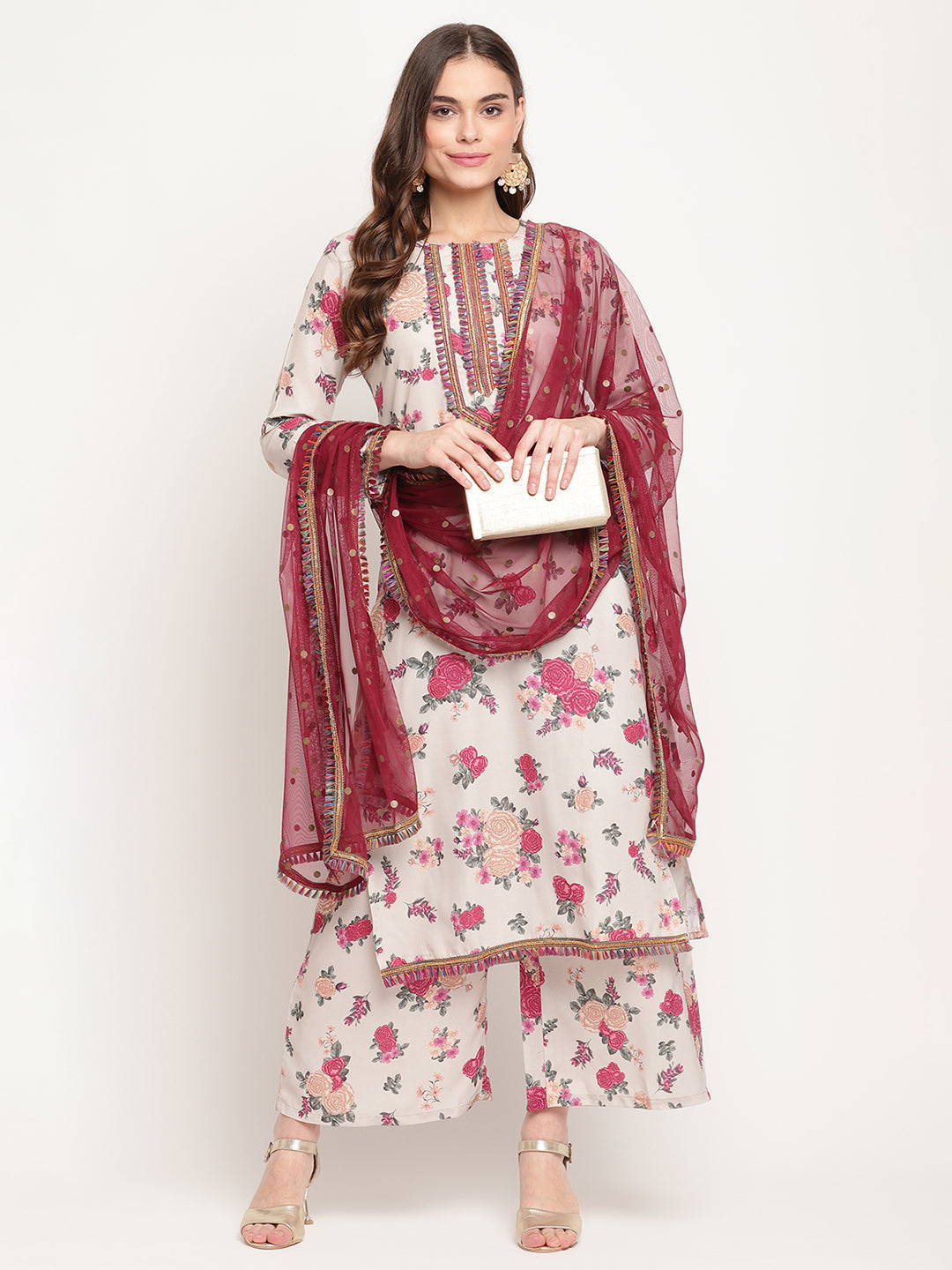 Women's Beige Floral Printed Regular Gotta Patti Kurta With Palazzos & With Dupatt