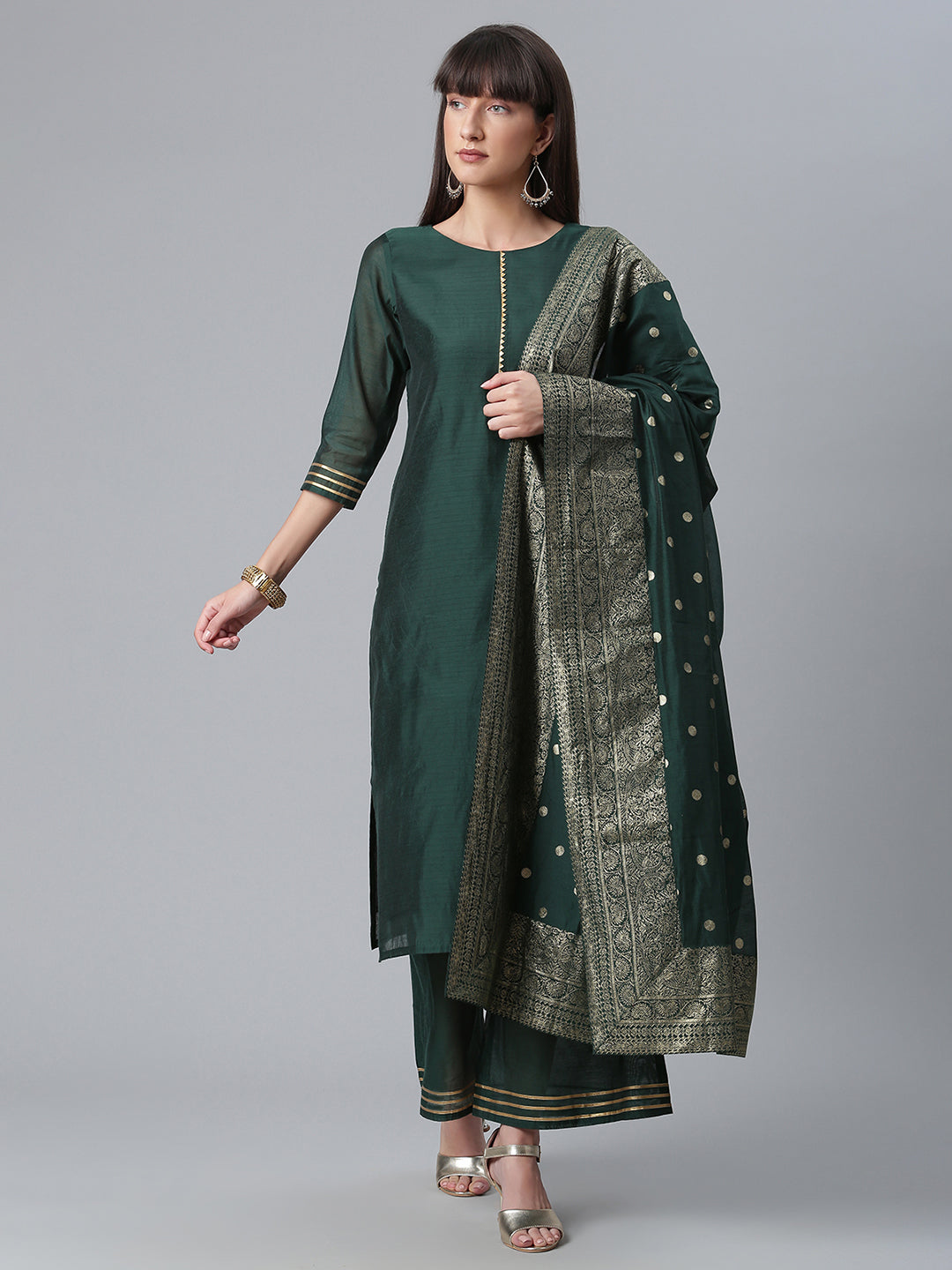 Women's Chanderi Green Kurta With Palazzo And Dupatta