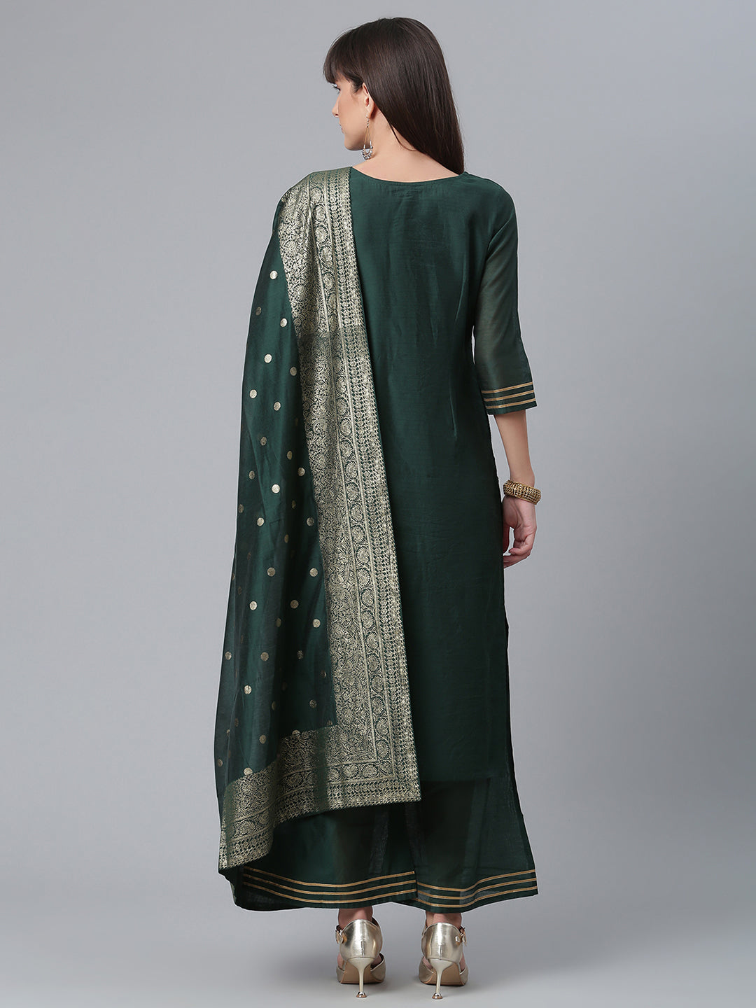 Women's Chanderi Green Kurta With Palazzo And Dupatta