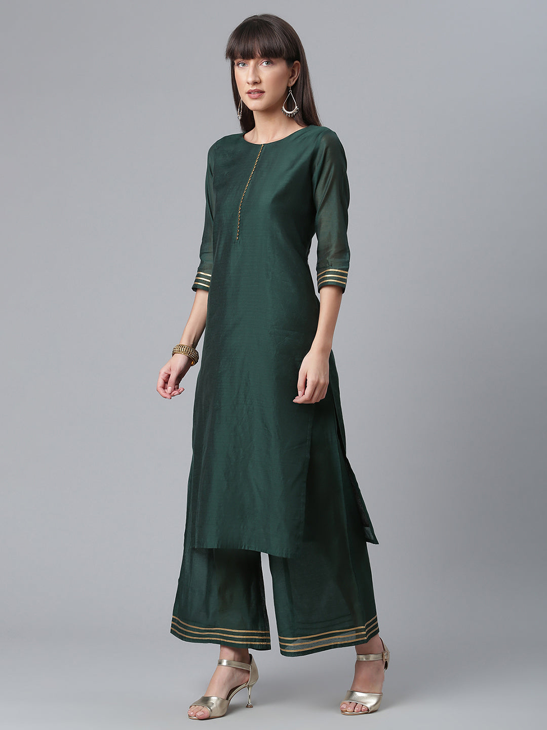 Women's Chanderi Green Kurta With Palazzo And Dupatta