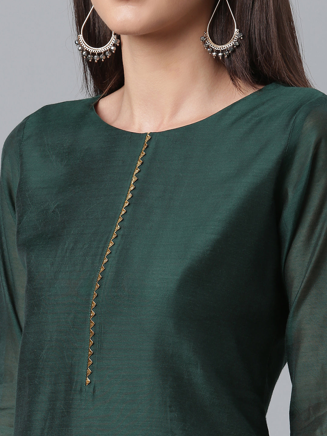 Women's Chanderi Green Kurta With Palazzo And Dupatta