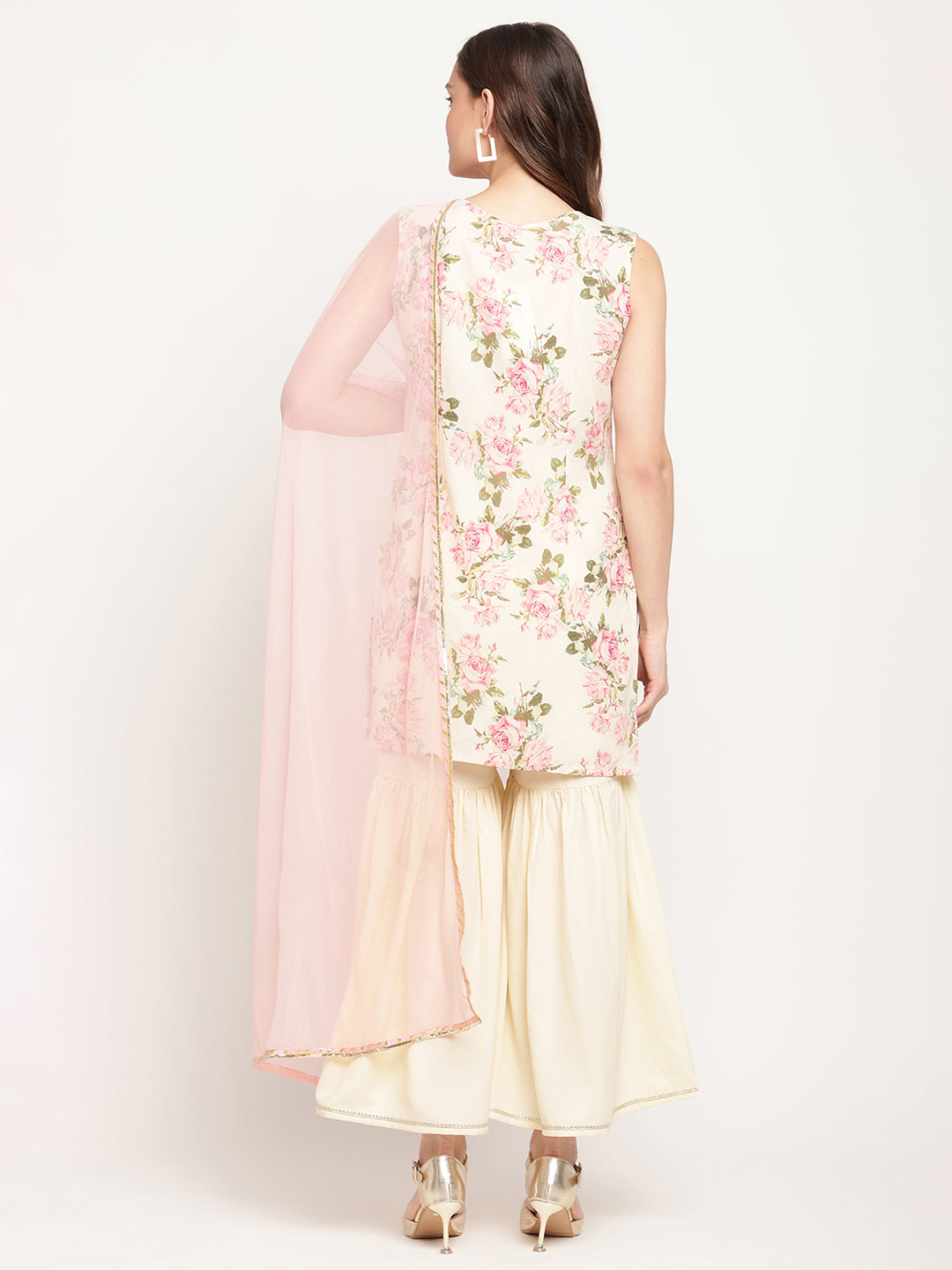 Women's Beige Crepe Digital Floral Print Kurta Sharara Set With Dupatta