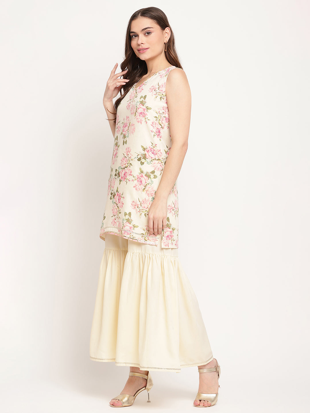 Women's Beige Crepe Digital Floral Print Kurta Sharara Set With Dupatta