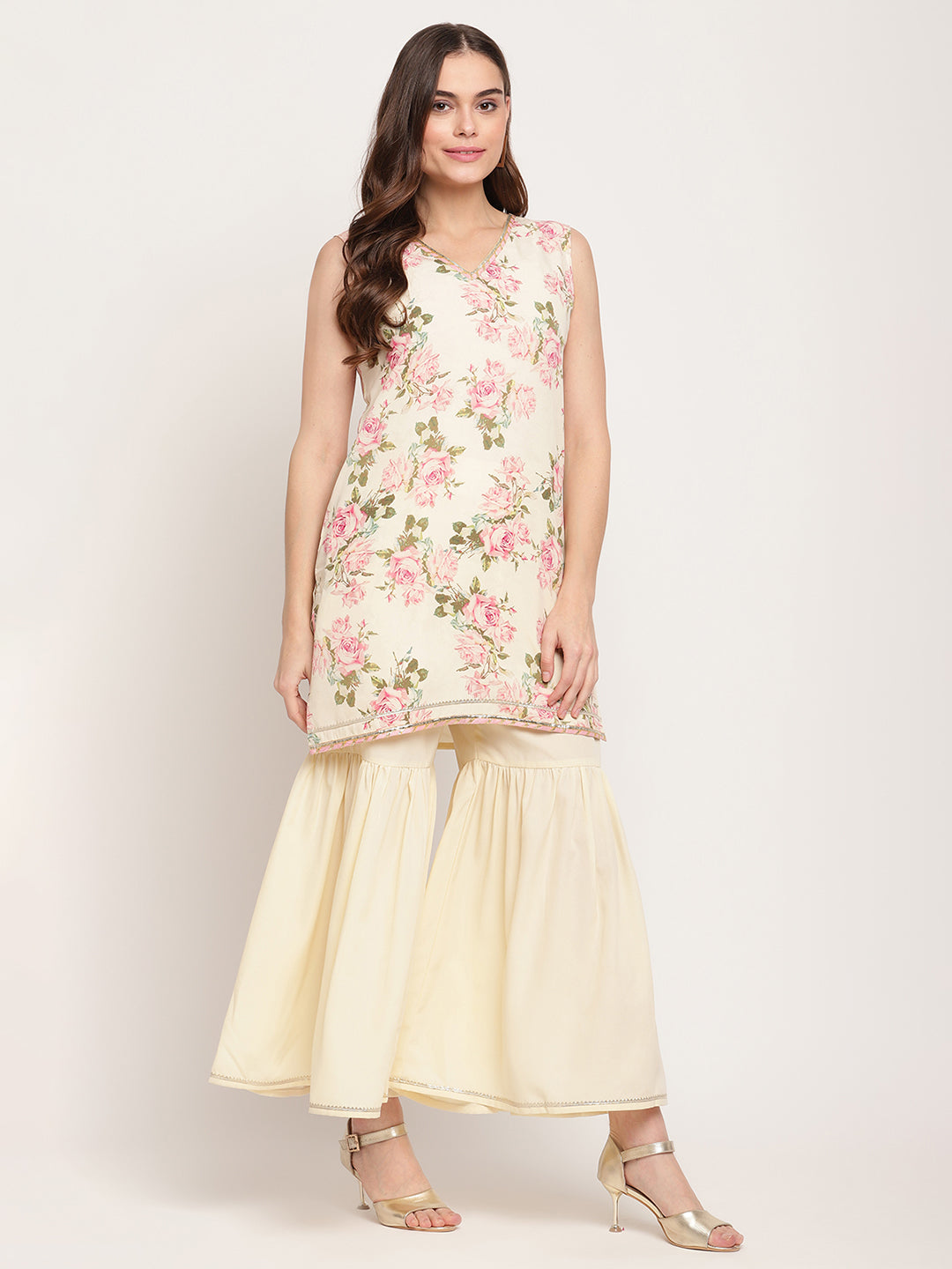 Women's Beige Crepe Digital Floral Print Kurta Sharara Set With Dupatta