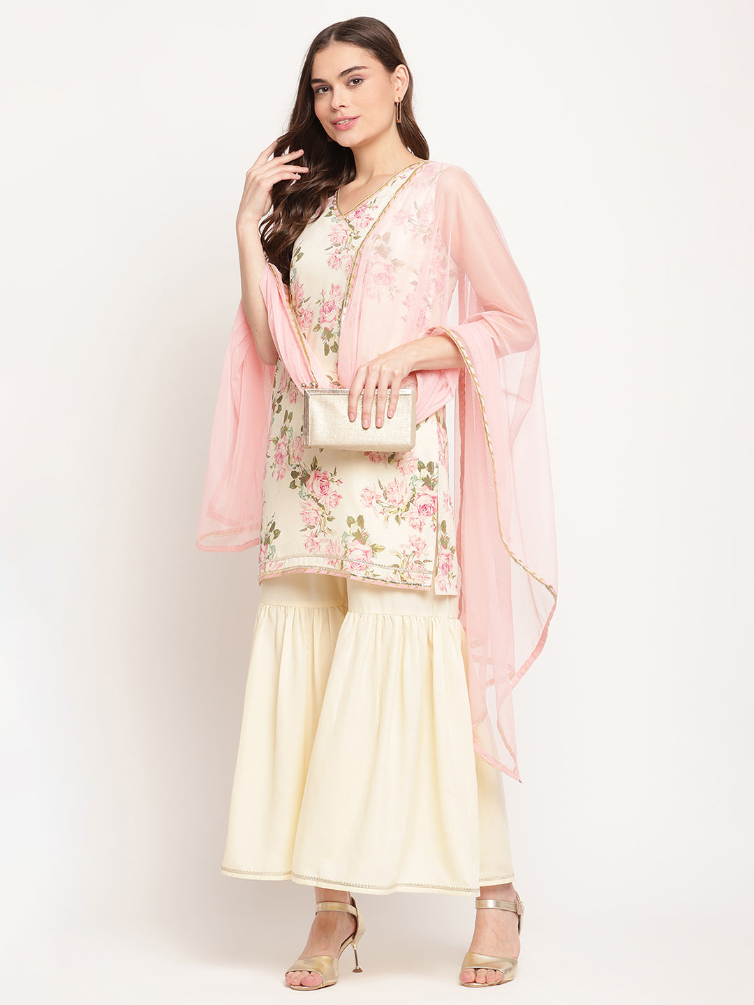 Women's Beige Crepe Digital Floral Print Kurta Sharara Set With Dupatta
