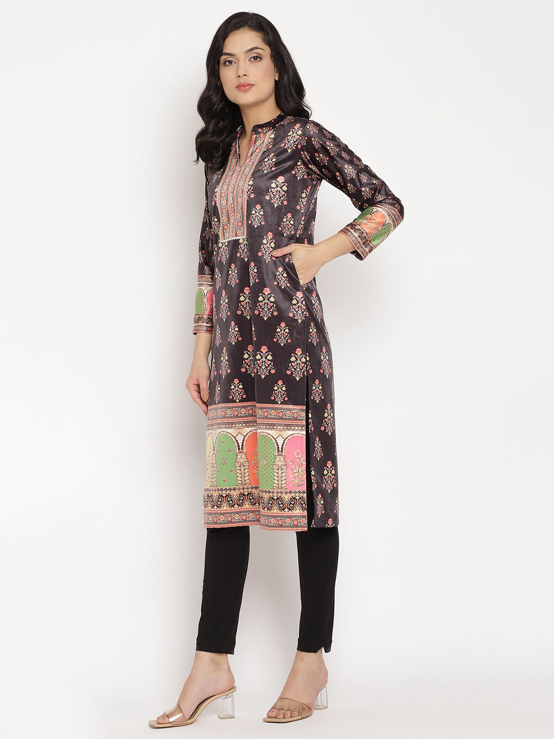 Women's Black Color Digital Print Velvet Kurt