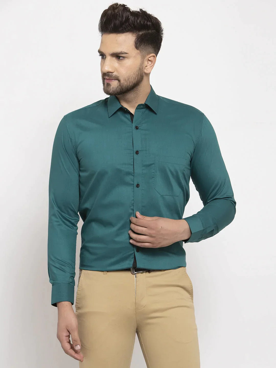 Men's Teal Blue Formal Shirt with black detailing - Taantav