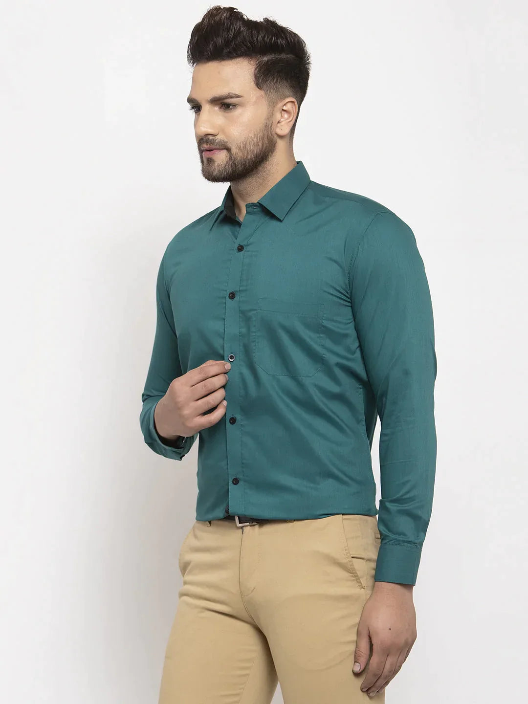 Men's Teal Blue Formal Shirt with black detailing - Taantav