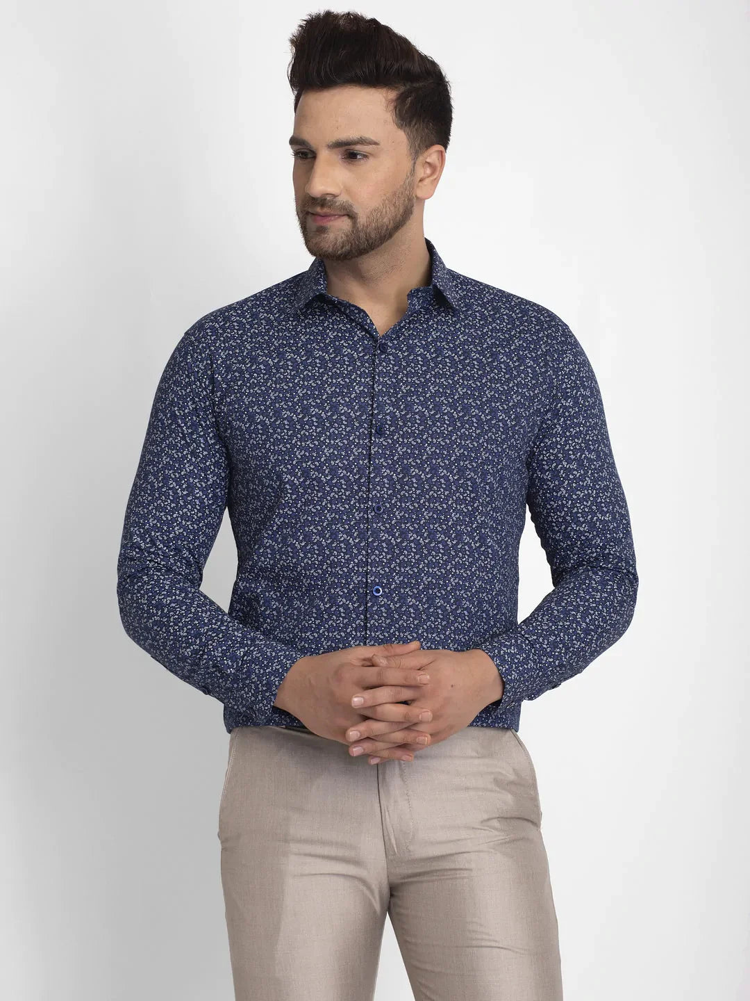 Men's Navy Blue Printed Formal Shirt - Taantav