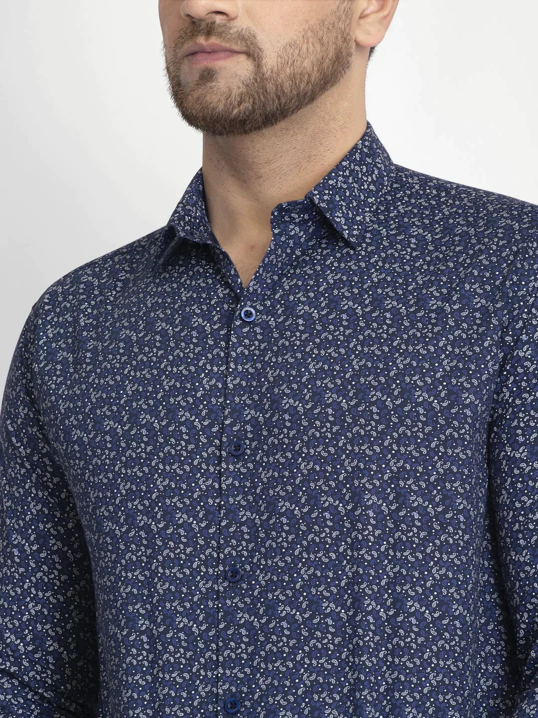 Men's Navy Blue Printed Formal Shirt - Taantav