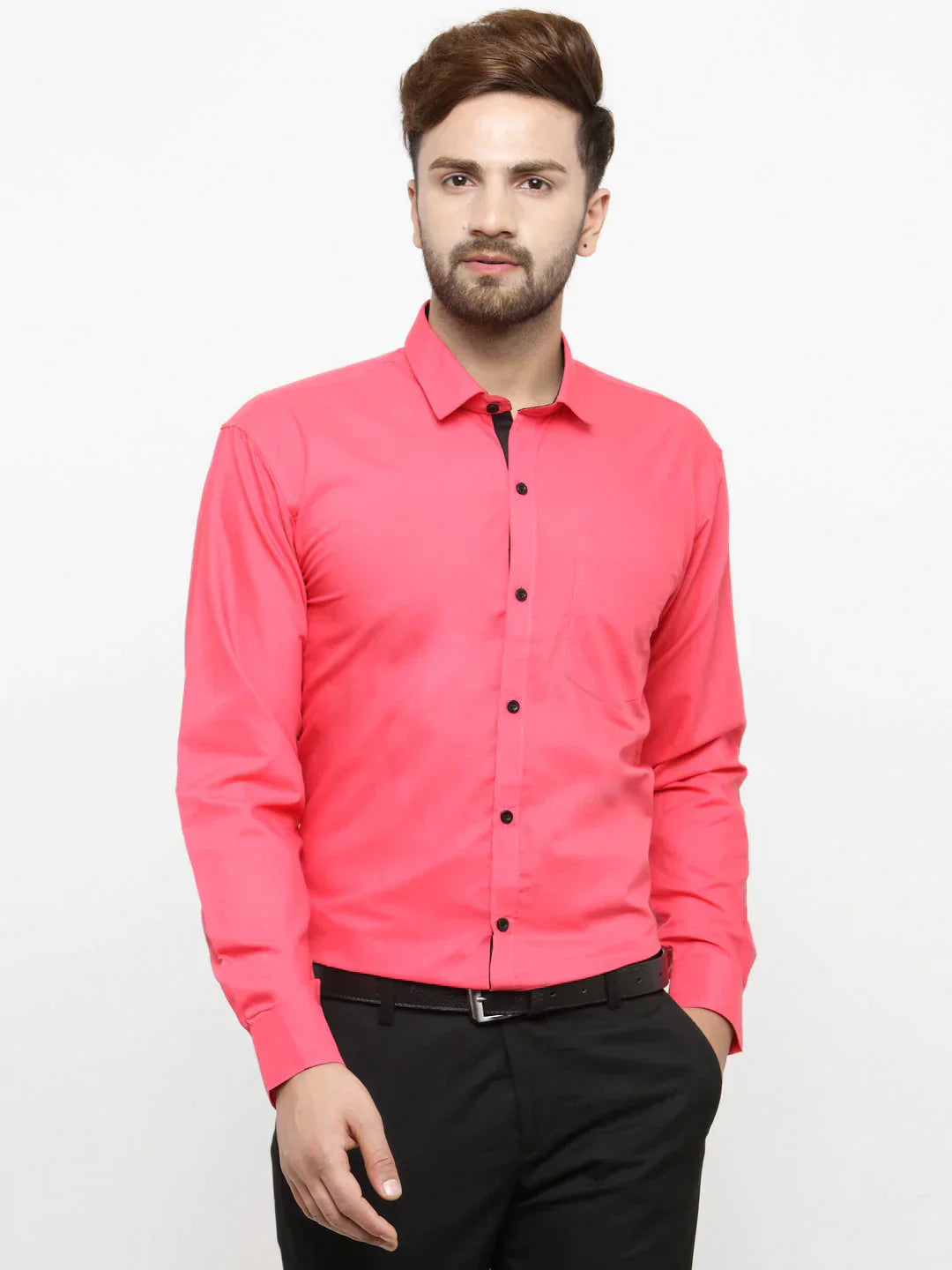 Men's Coral Red Formal Shirt with black detailing - Taantav