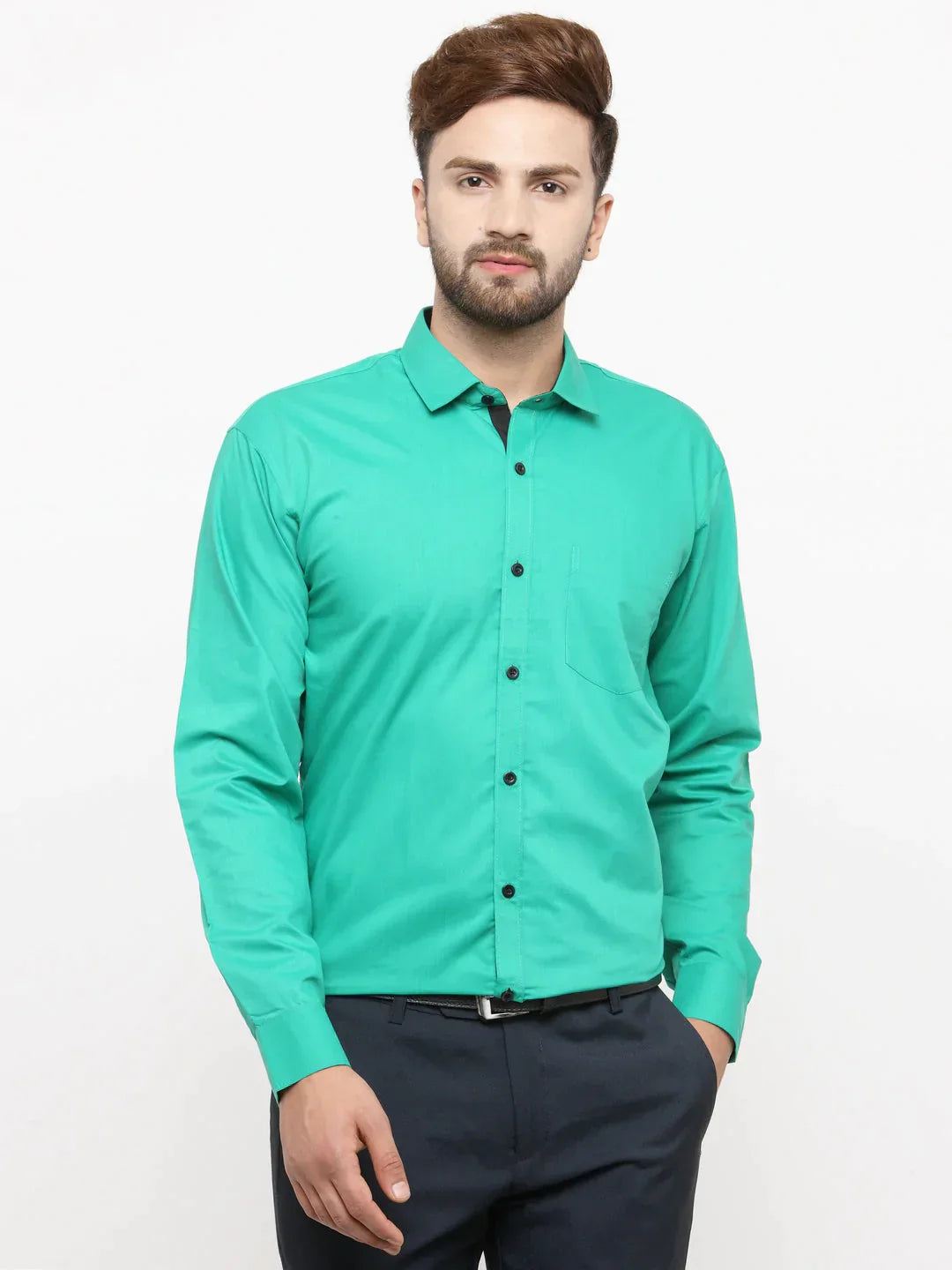 Men's Green Formal Shirt with black detailing - Taantav