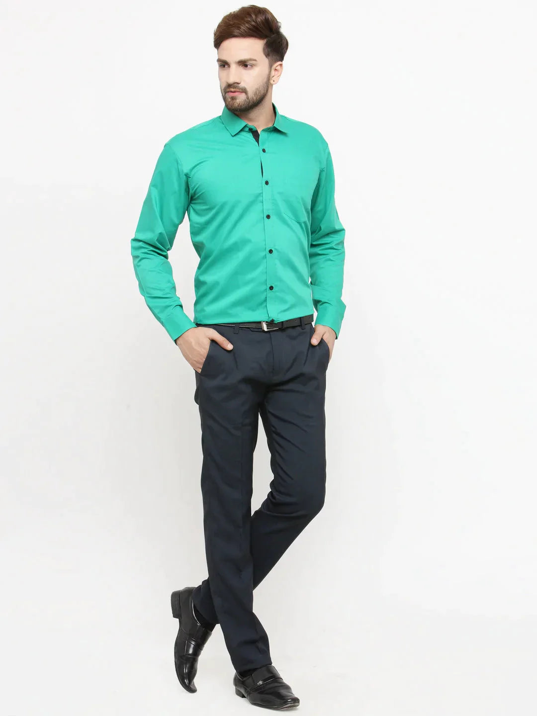 Men's Green Formal Shirt with black detailing - Taantav