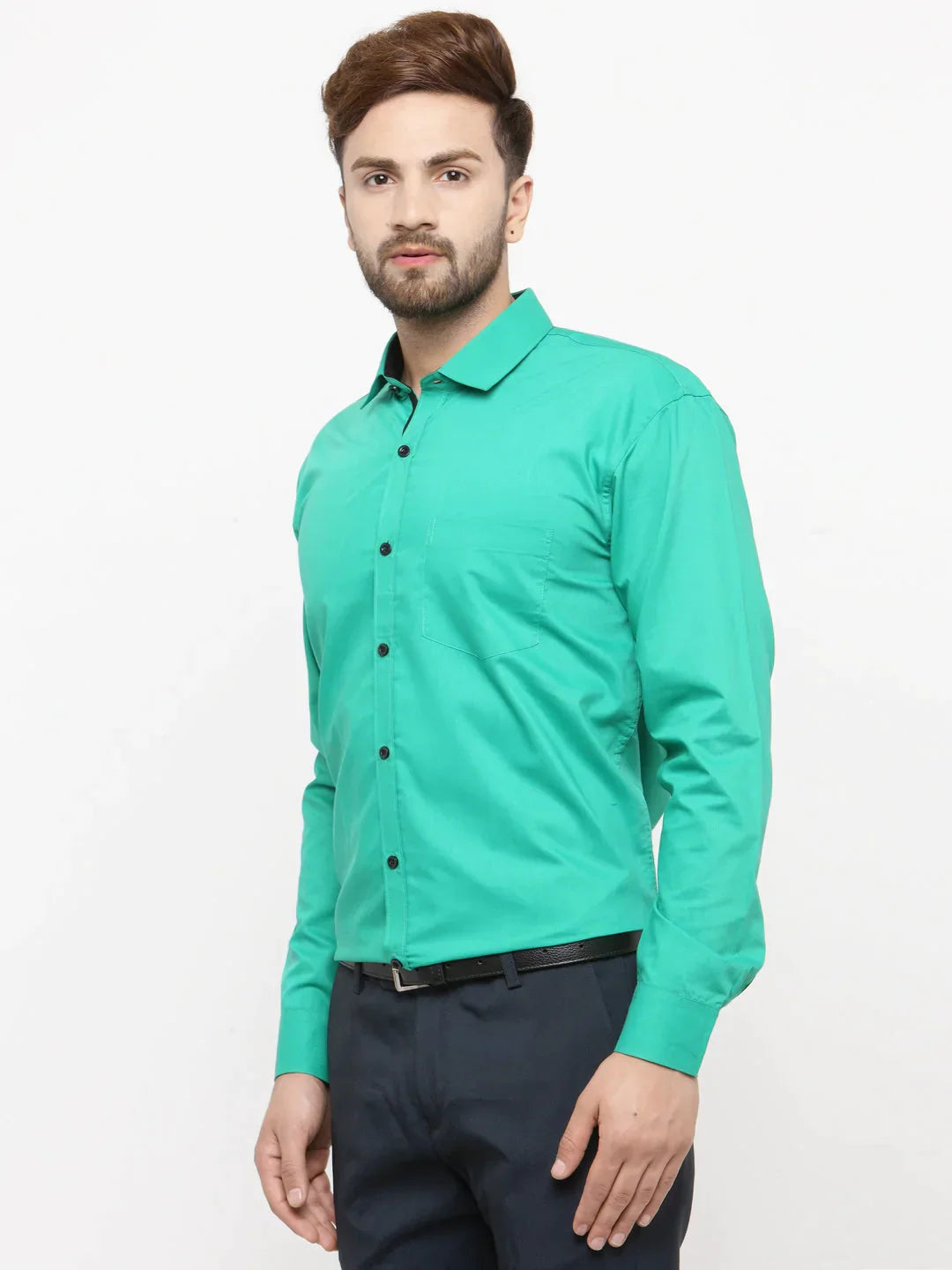 Men's Green Formal Shirt with black detailing - Taantav