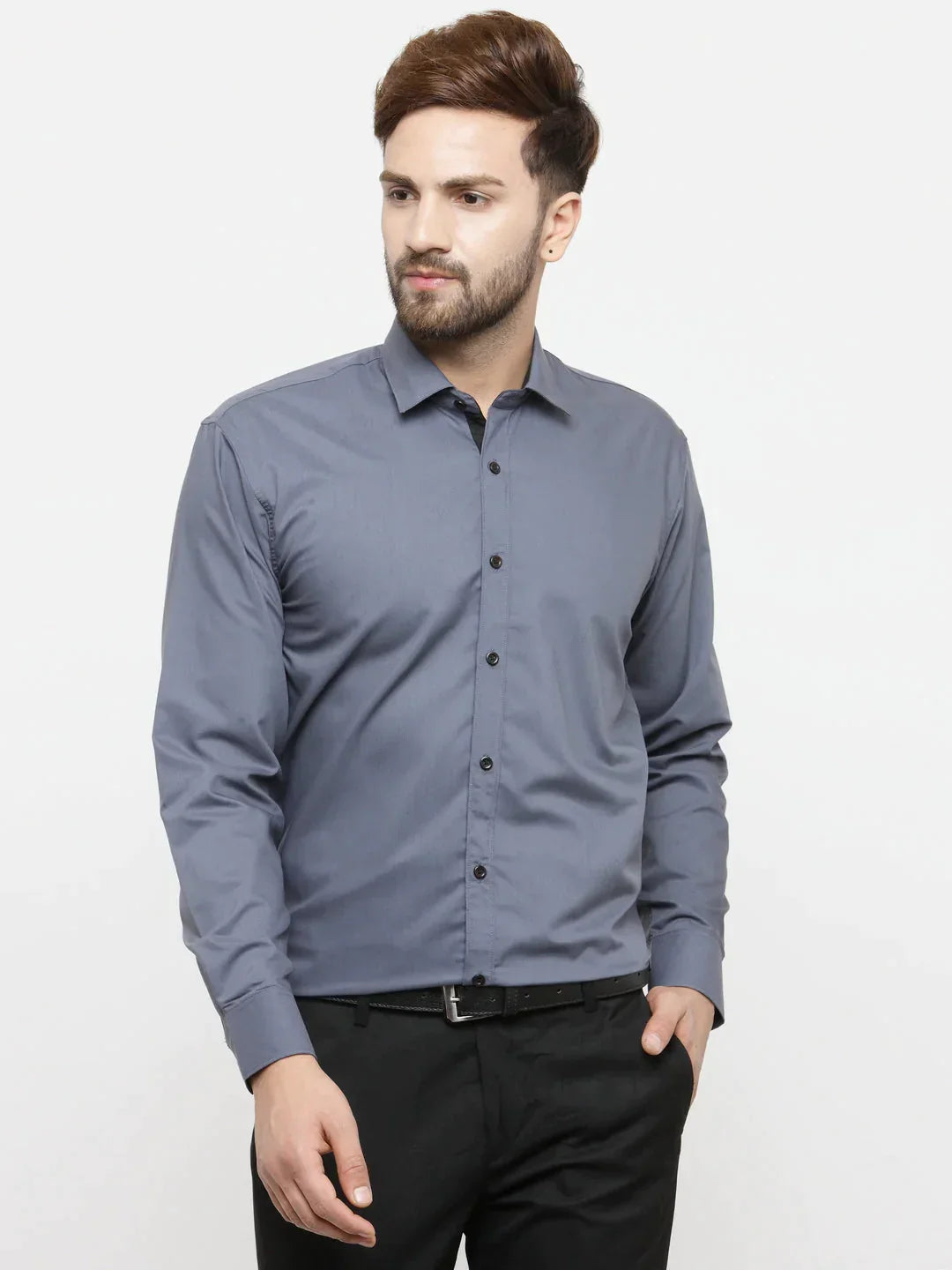 Men's Grey Formal Shirt with black detailing - Taantav