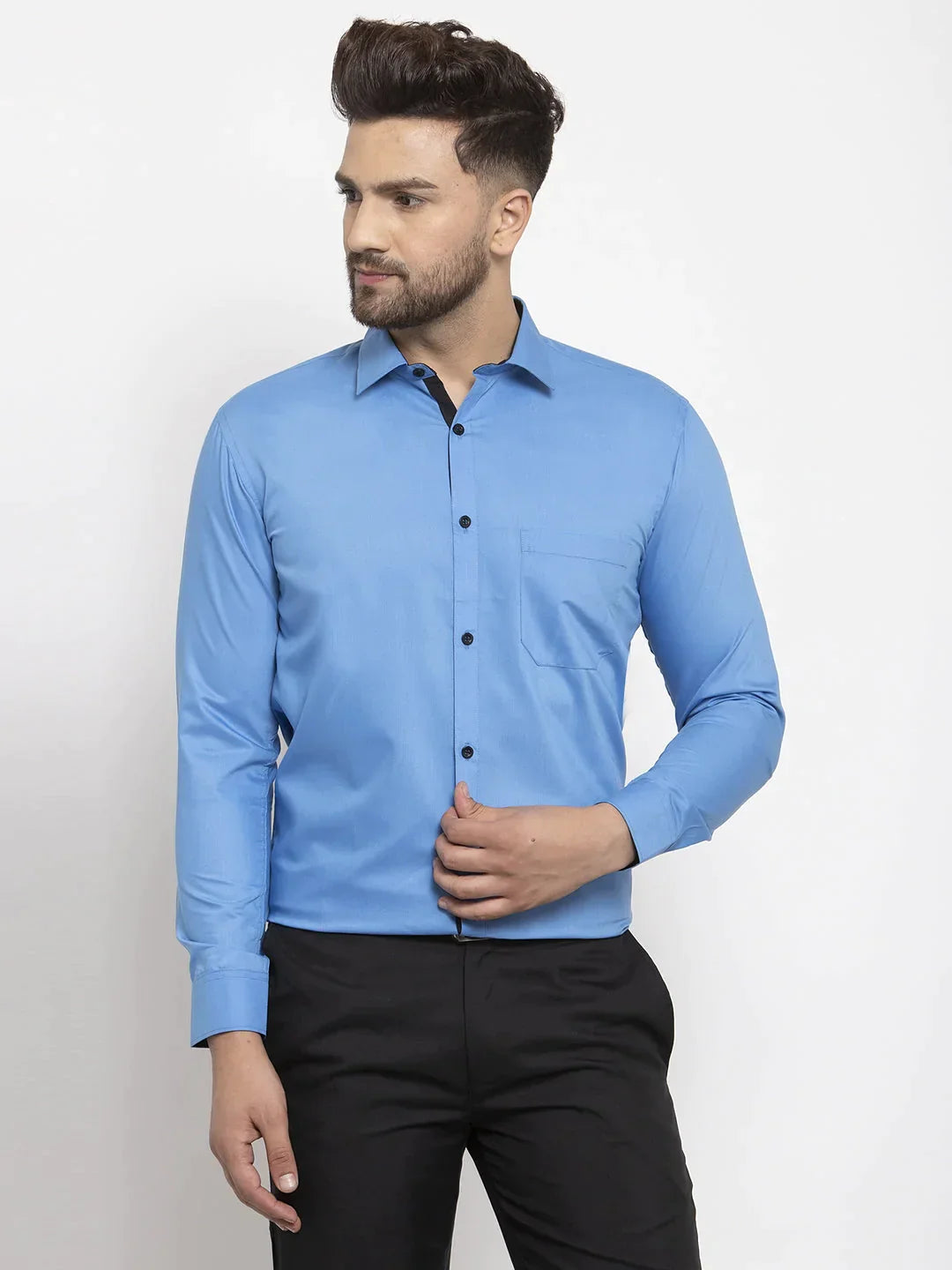 Men's Light Blue Formal Shirt with black detailing - Taantav