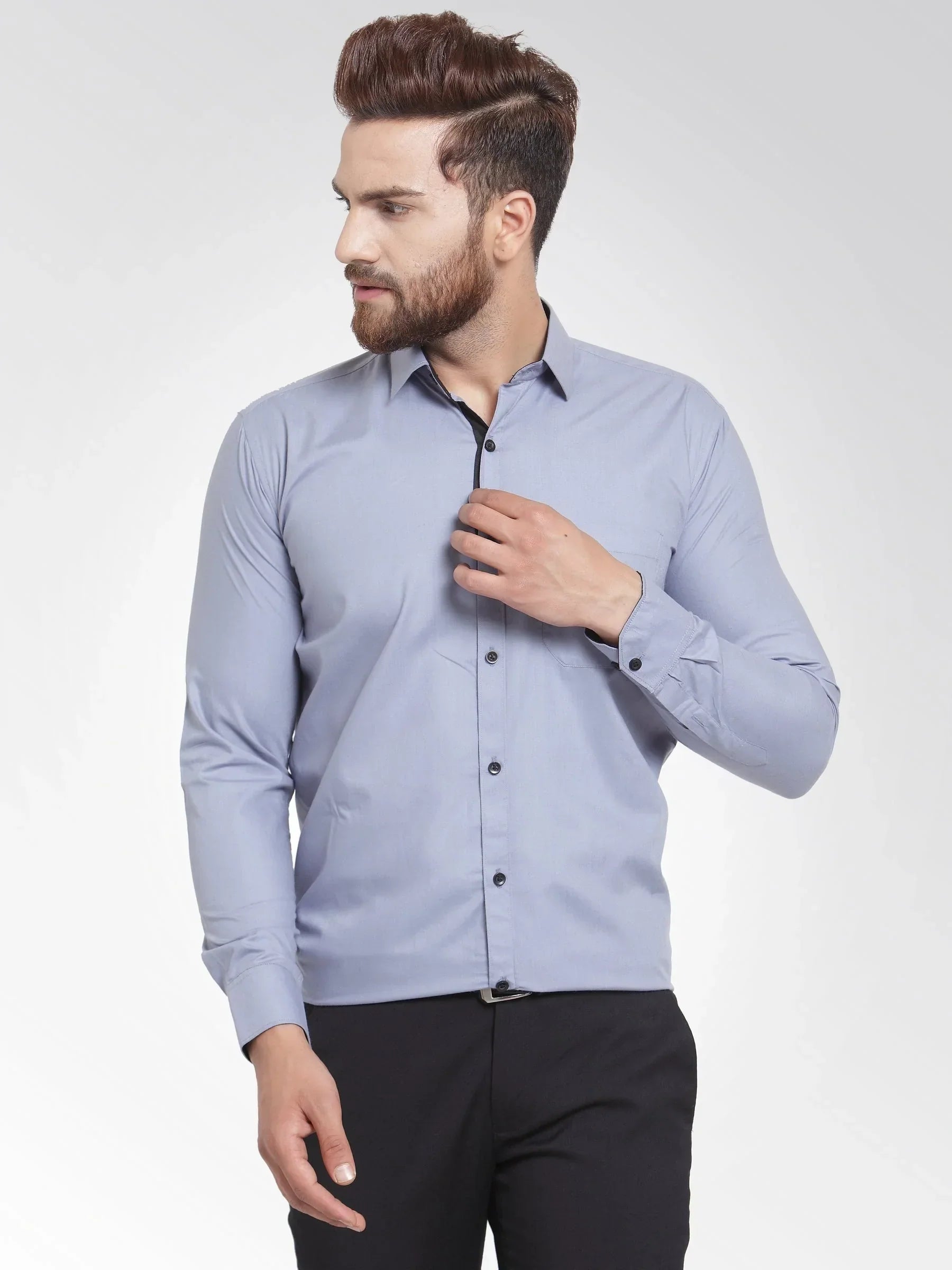 Men's Light Grey Formal Shirt with black detailing - Taantav