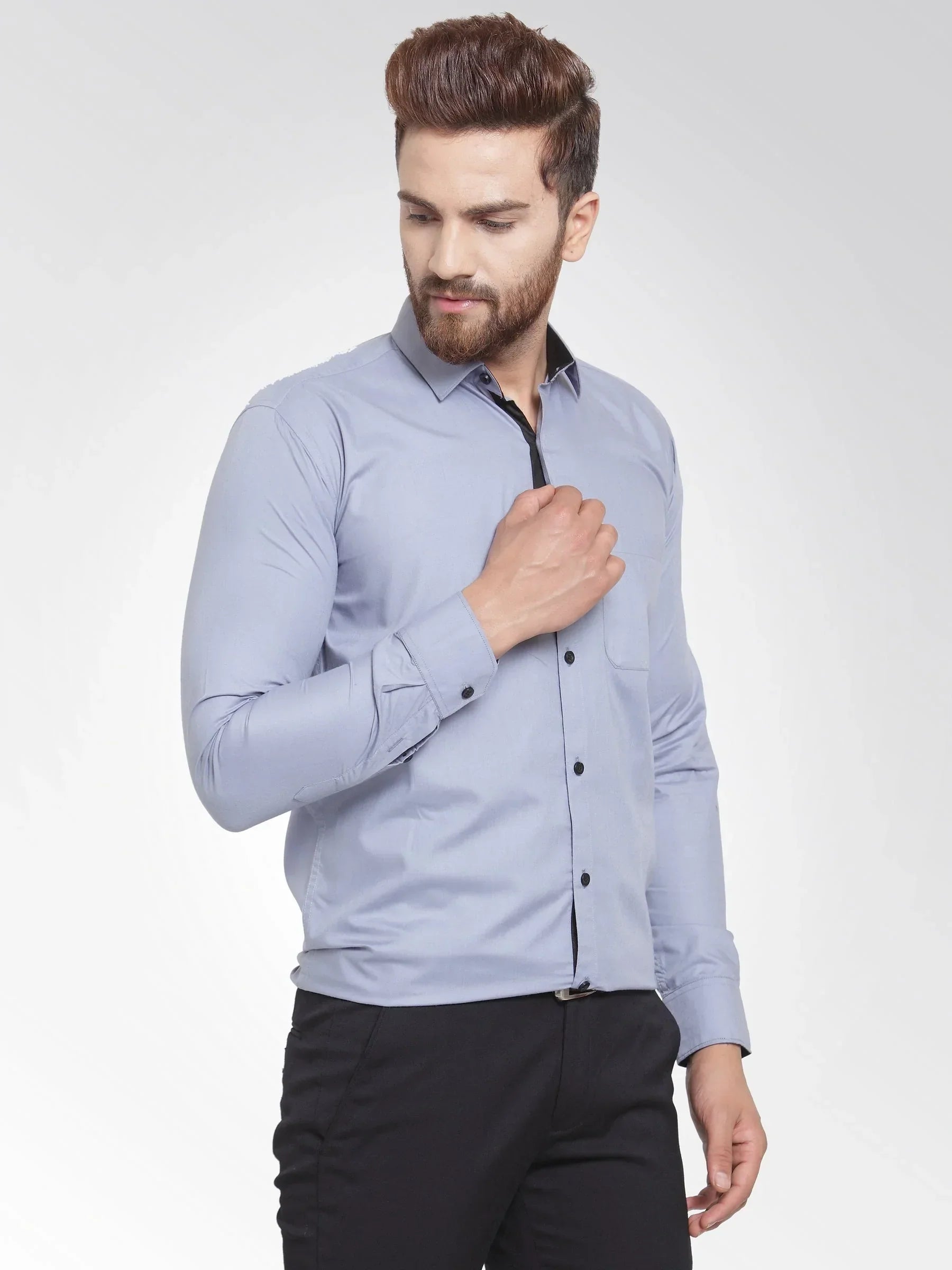 Men's Light Grey Formal Shirt with black detailing - Taantav