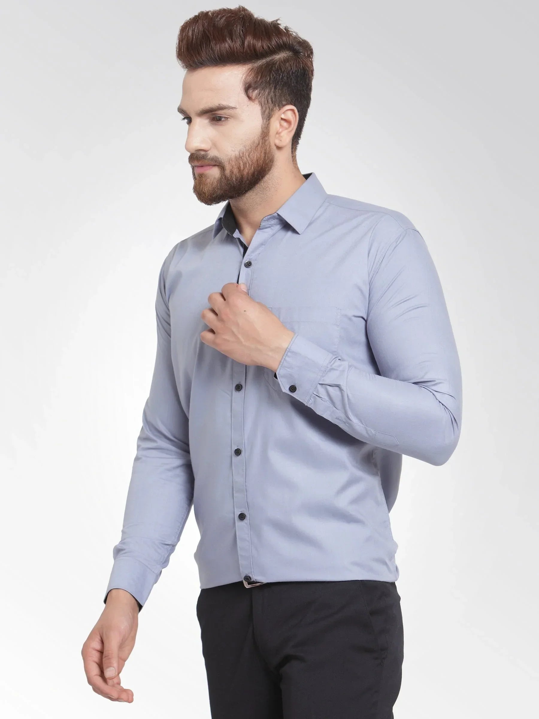 Men's Light Grey Formal Shirt with black detailing - Taantav