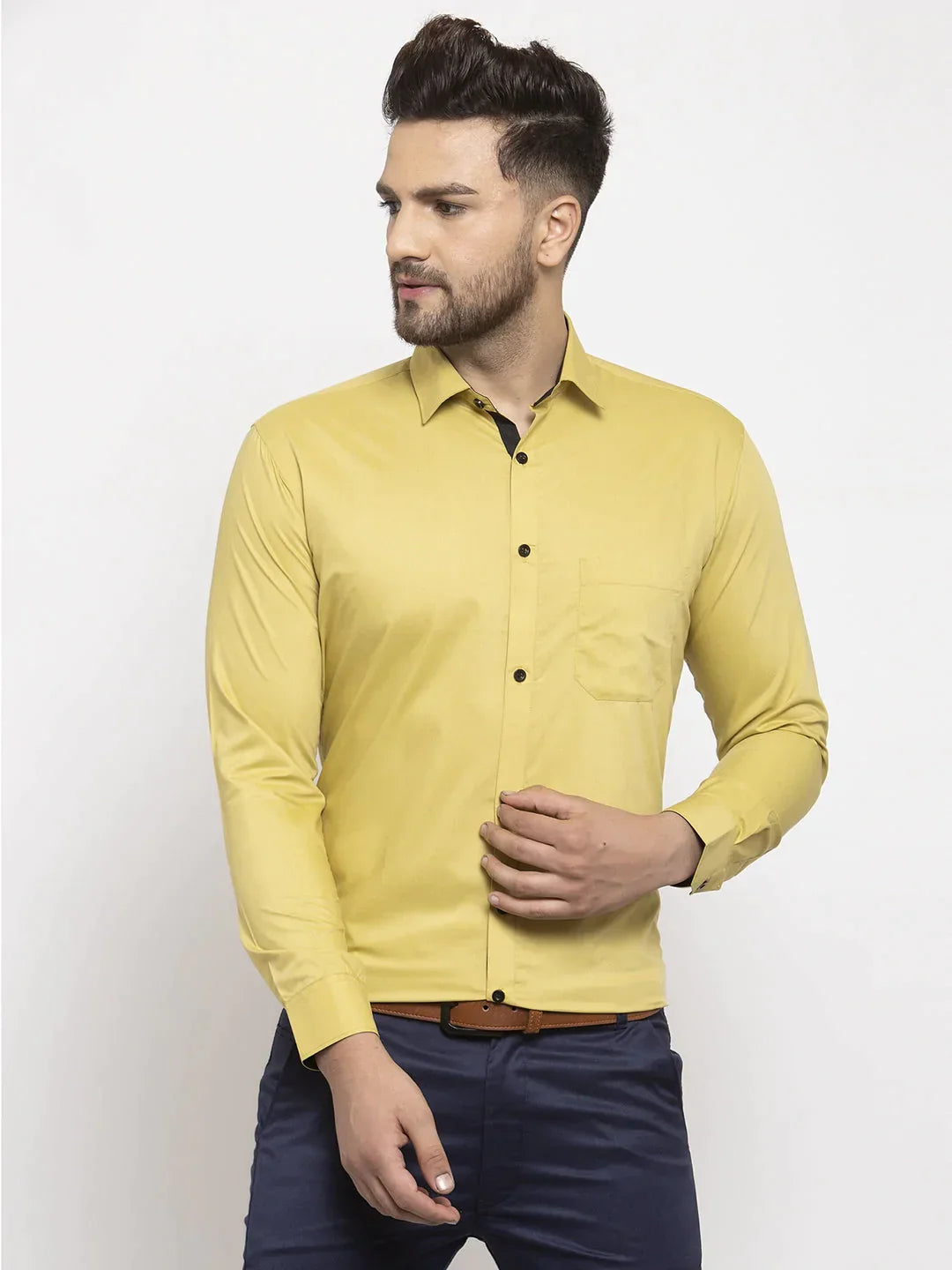 Men's Lime Yellow Formal Shirt with black detailing - Taantav