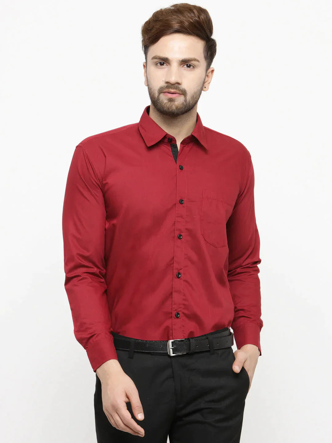 Men's Maroon Formal Shirt with black detailing - Taantav