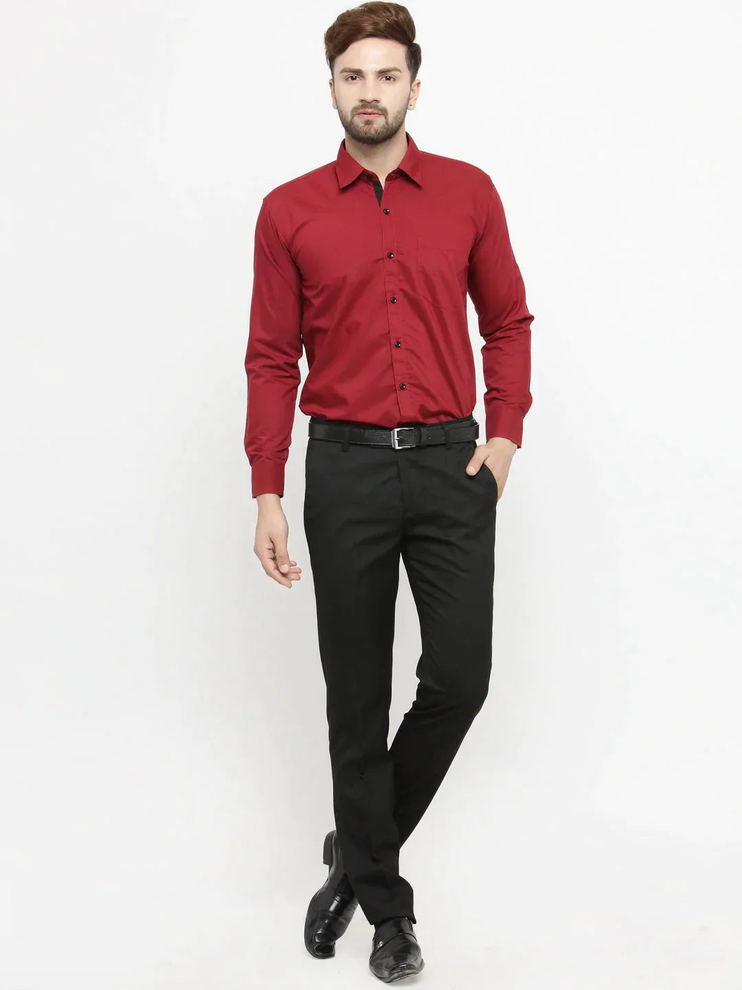 Men's Maroon Formal Shirt with black detailing - Taantav