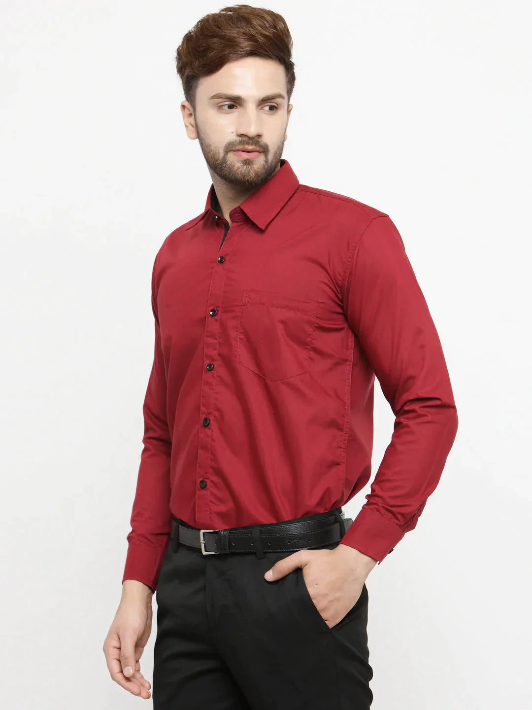 Men's Maroon Formal Shirt with black detailing - Taantav